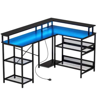 HOMCOM L-Shaped Gaming Desk 150cm LED Power Outlets Black