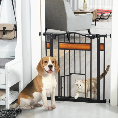 PawHut Pet Gate Safety Gate with Cat Flap 74-80cm Black