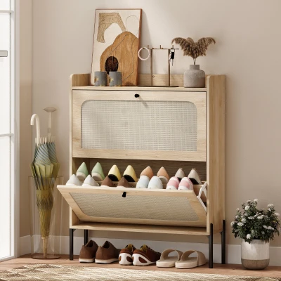 HOMCOM Boho Shoe Cabinet 2 Flip Drawers Oak