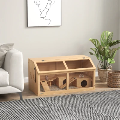PawHut Cage hamster en bois habitat grand pour rongeur ventilation couvercle ouvrant et accessoires 85x45x44cm bois naturel