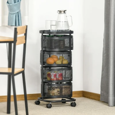 HOMCOM Metal Storage Cart 4-Tier Mesh Baskets Black