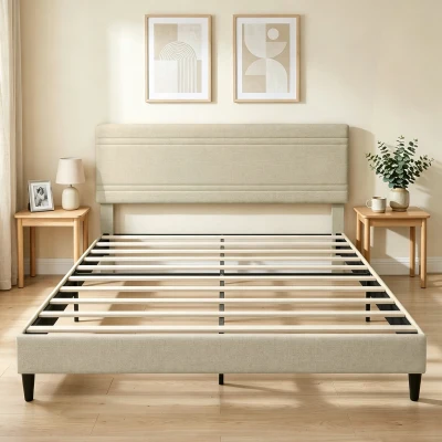 HOMCOM Estructura de Cama 160x200 cm con Somier de Madera Acolchada en Efecto Lino y 9 Patas de Acero Beige