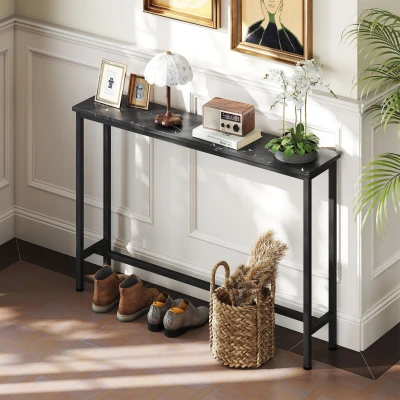 HOMCOM Mesa Consola Moderna Consola de Entrada Estreita com Superfície com Efeito Mármore e Estrutura de Metal 100x20x66 cm Preto