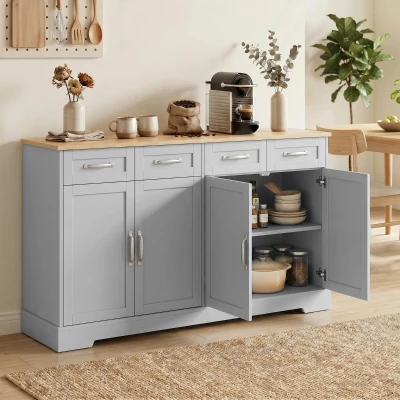 HOMCOM Sideboard Kitchen Cabinet 140cm 4 Drawers Grey