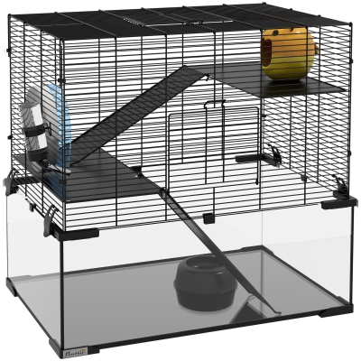 PawHut Jaula de Hámster con Fondo de Vidrio Plataformas Cuenco Bebedero Casita Rampas y Rueda de Ejercicio 60x40x54,5 cm Negro
