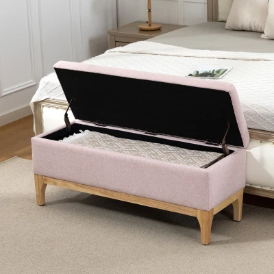 HOMCOM Banc Rangement Scandinave Tissu Lin 110x39x45cm Rose