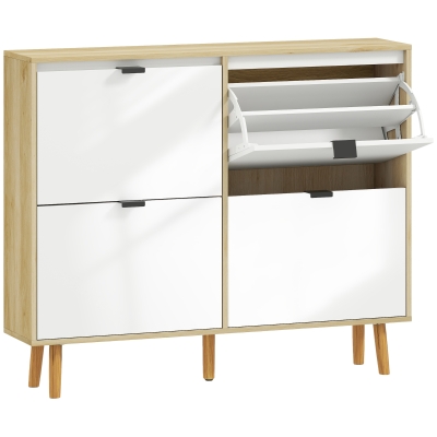 HOMCOM Sapateira Estreita com 4 Portas em Branco Brilho Prateleiras Ajustáveis Pernas de Madeira para 20 Pares de Sapatos 105x24x92,5 cm