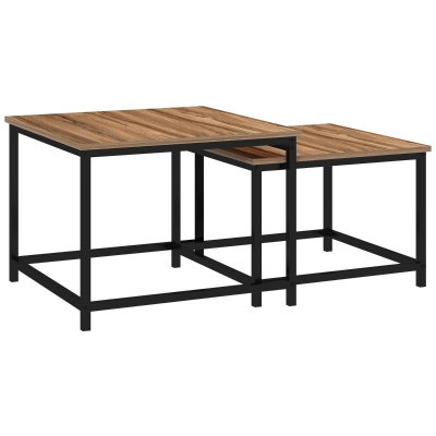 HOMCOM Set van 2 bijzettafels, industrieel design, zwart stalen frame, tafelblad met houteffect