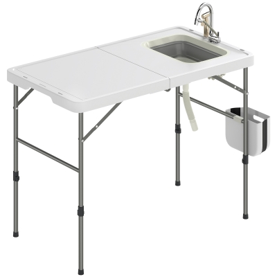 Outsunny Mesa Plegable Camping con Fregadero Grifo Altura Regulable Cubo Plegable Ranuras Regla y Bolsa de Transporte