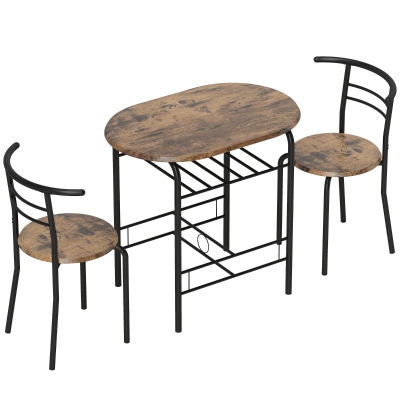 HOMCOM Eettafelset 3-delig, keukentafel met stoelen voor 2 personen en opbergrek, woonkamer rustiek bruin