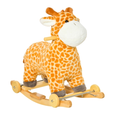 HOMCOM 2-IN-1 schommelpaard met wielen pluche schimmeldier babyschommel speelgoed voor 36-72 maanden kinderen tinten PP vezels geel 63 x 38 x 63 cm