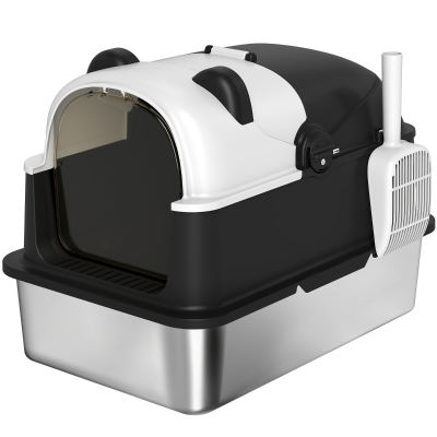 PawHut Arenero para Gatos Grandes Cubierto XL de Acero Inoxidable con Tapa Abatible Pala Bolsa Desodorante Diseño Panda Negro