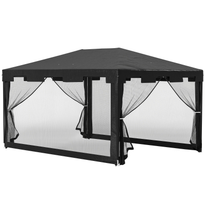 Outsunny Tenda de Jardim 4x3 m Tenda Dobrável com 4 Mosqueteiras Laterais 2 Portas e 8 Orifícios de Drenagem Cinza Escuro