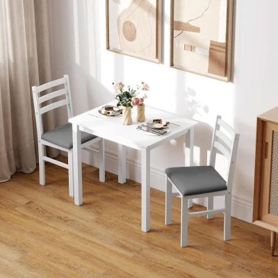 HOMCOM 3-delig Eettafelset met 2 Stoelen, Keukentafel voor compacte ruimtes, Geplofte stoelen, Ruimtebesparend, MDF, Wit