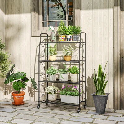 Outsunny metalen plantenrek met 4 niveaus, robuust etagerek voor bloempotten met vergrendelbare wielen