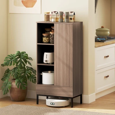 HOMCOM Aparador para Salón Moderno con Puerta Cajón Estante Ajustable y 3 Compartimentos Abiertos 60x34x121 cm Natural