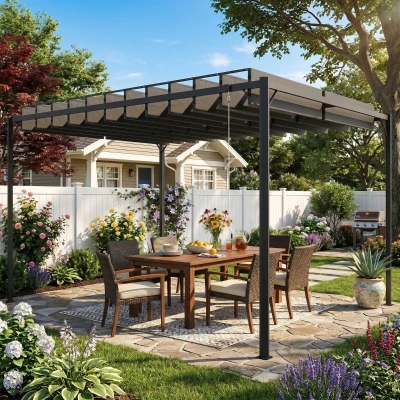 Outsunny Pérgola de Jardín 3x4 m con Protección UPF 50+ Gazebo con Techo Ajustable Estructura de Metal para Exterior Gris Oscuro
