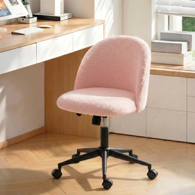 HOMCOM Draaibare bureaustoel van teddy-fleece, in hoogte verstelbaar, met wielen, comfortschuim, roze