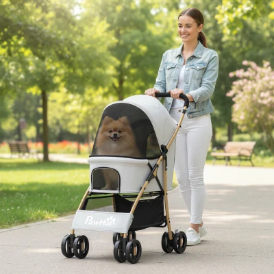 PawHut Carrito para Mascotas con 2 Puertas Ventana de Malla Cesta de Almacenamiento Cuerda de Seguridad 80x44,5x97 cm Gris Claro