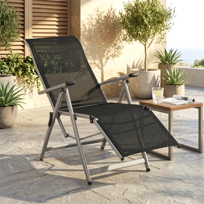 Outsunny Chaise Longue Pliable Noir Dossier & Repose-Pied Réglable
