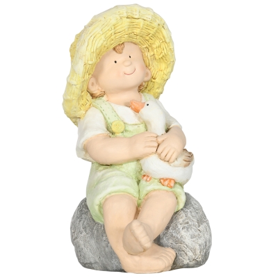 Outsunny kleine jongen met strohoed tuinbeeld 43 cm tuinornament voor tuin