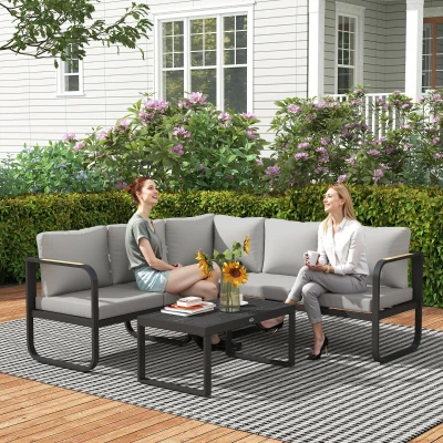 Outsunny L-vorm tuinset weerbestendig metaal zitgroep voor 5 personen tuinlounge met 2- en 3-zitsbank, kussens en bijzettafel, outdoor balkonmeubel-set terrasmeubel voor tuin en balkon, grijs
