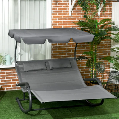 Outsunny Chaise Longue Double Bascule Toit Solaire Noir 200x139x140cm