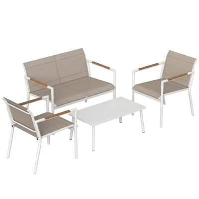 Outsunny 4-Seater Metal Garden Sofa Set Table Breathable Khaki