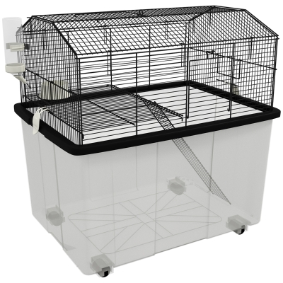 PawHut Jaula para Hámster con Fondo Profundo Plataforma Cuenco Bebedero Rampa y Ruedas 57x43x57 cm Negro