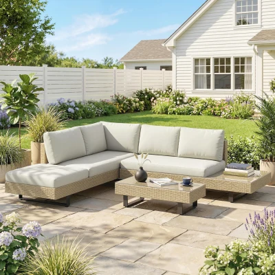 Outsunny Conjunto de Jardim em Vime de 3 Peças com Sofá Modular de 3 e 2 Lugares Mesa Lateral e Mesa de Centro Bege