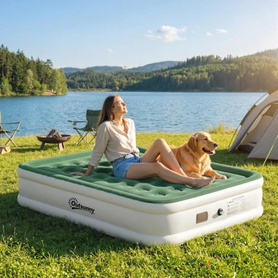 Outsunny Double Air Bed Built-in Pump Flocked Mattress Dark Green