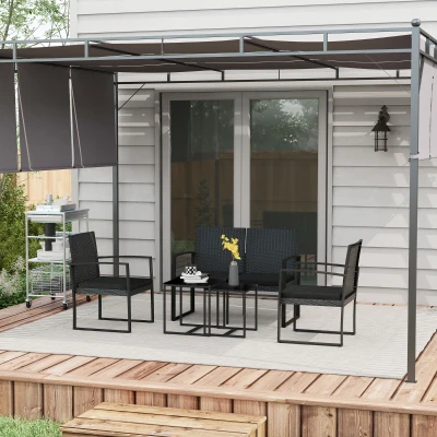 Outsunny Conjunto Móveis de Jardim de Vime Sintético com 2 Poltronas Individuais 1 Sofá Duplo e 2 Mesas de Centro Preto