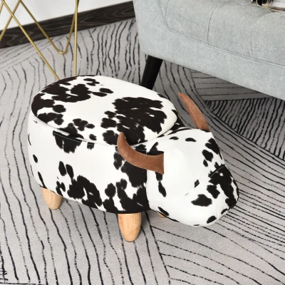 HOMCOM dierenkruk voor kinderen, kinderkruk met opbergruimte, gestoffeerde kruk, zitbank met dierenmotief, voor kinderkamers, varken voetenbank, zwart + wit, 62 x 35 x 36 cm | Aosom.de