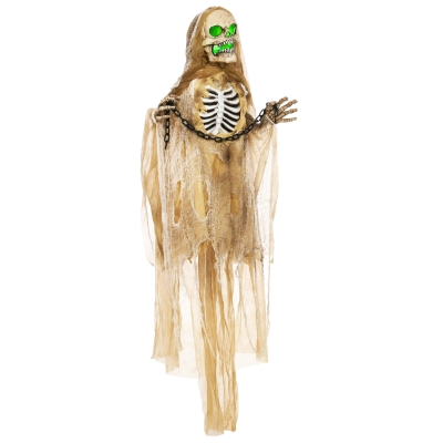 HOMCOM Halloween Decoratie, Hangend Skelet, Lichtgevende Kop, Griezelig Huilen, Buigzame Armen, Kaki