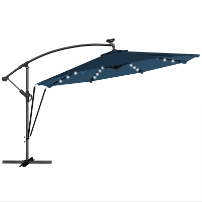 Outsunny Chapéu de Sol Excêntrico com Luzes LED Solares Ø345 cm Base Cruzada Manivela Capa Protetora Azul