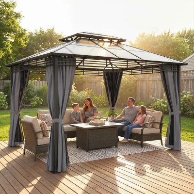 Outsunny Tuinpaviljoen ca. 3,6x3m Aluminium Paviljoen met 6 mm Polycarbonaat Dubbel Dak Muggennet 4 Zijpanelen Donkergrijs