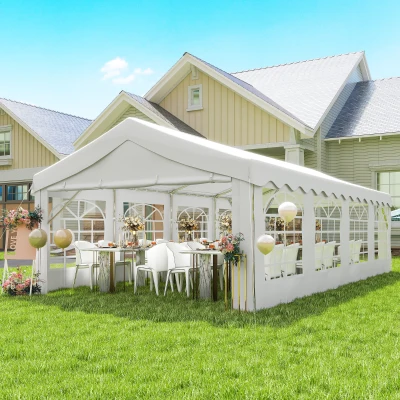 Outsunny Tenda para Festas 4x8 m Tenda de Jardim com Paredes Removíveis, Porta e Janelas UPF50+ Branco