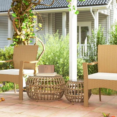 Outsunny 2-delige Set Bijzettafels Polyrattan Ø66/42 cm Rond Weerbestendig met Glazen Blad - Bruin