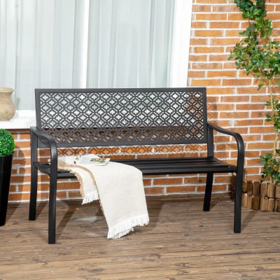 Outsunny Banc de jardin banc extérieur jardin en acier avec dossier à motif floral pour 2 personnes 127 x 63 x 83 cm noir