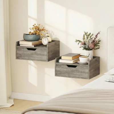 HOMCOM Wall-Mounted Nightstands Set with Drawer Grey Wood