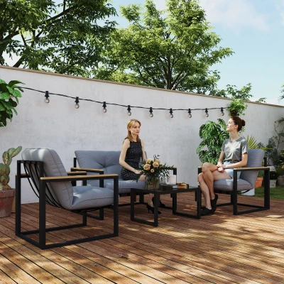 Outsunny Conjunto de Muebles de Jardín de 4 Piezas con Sofá de 2 Plazas y 2 Butacas con Cojines y Mesa de Centro de Vidrio Gris