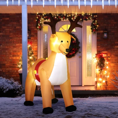 HOMCOM Opblaasbaar Rendier, 1,8 m, LED-lichten, accessoires, automatisch opblazen, Geel