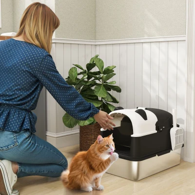 PawHut Arenero para Gatos Grandes Cubierto XL de Acero Inoxidable con Tapa Abatible Pala Bolsa Desodorante Diseño Panda Negro