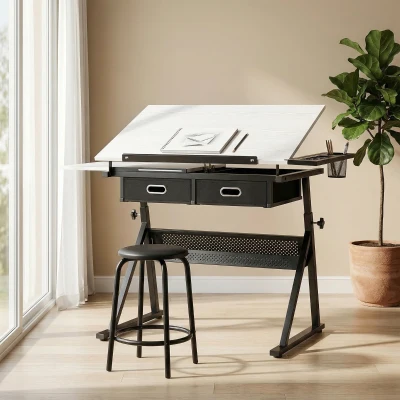 HOMCOM Tavolo da Disegno Tecnico Regolabile con Sgabello Bianco