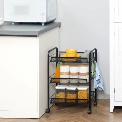HOMCOM Carrinho de Cozinha em Aço com 3 Cestos e Rodas, Suporta 9 kg, Cozinha, Casa de Banho e Lavandaria 45x26,5x63 cm,  Preto