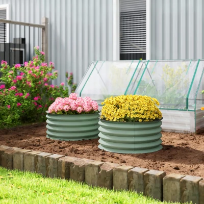 Outsunny 2-delige Set Verzinkte Plantenbakken, Ø60 x 30H cm Bloempotten met Open Bodem voor Verschillende Planten, Groen