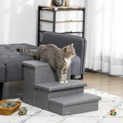 PawHut 3-Step Pet Stairs with Storage for Couches - Grey