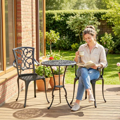 Outsunny 3-delige tuin bistroset ronde bistrotafel met 2 stoelen parasolgat, antiek van gietaluminium