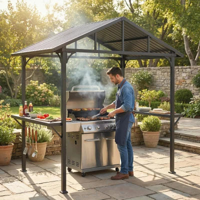Outsunny Grillpaviljoen 2,52 x 1,56 m, Waterdicht Grillpaviljoen met Zadeldak Zijplanken Haken Stalen Frame Zwart