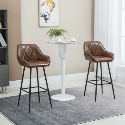 HOMCOM Conjunto de 2 Bancos Altos Estofados em PU com Encosto Alto Pés de Aço e Apoio para os Pés 50x47,5x102,5cm Marrom